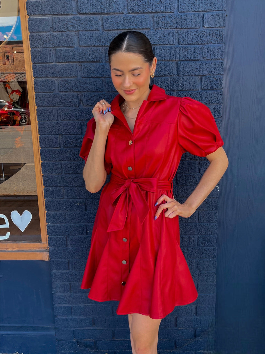Puff Slv Tie Leather Dress