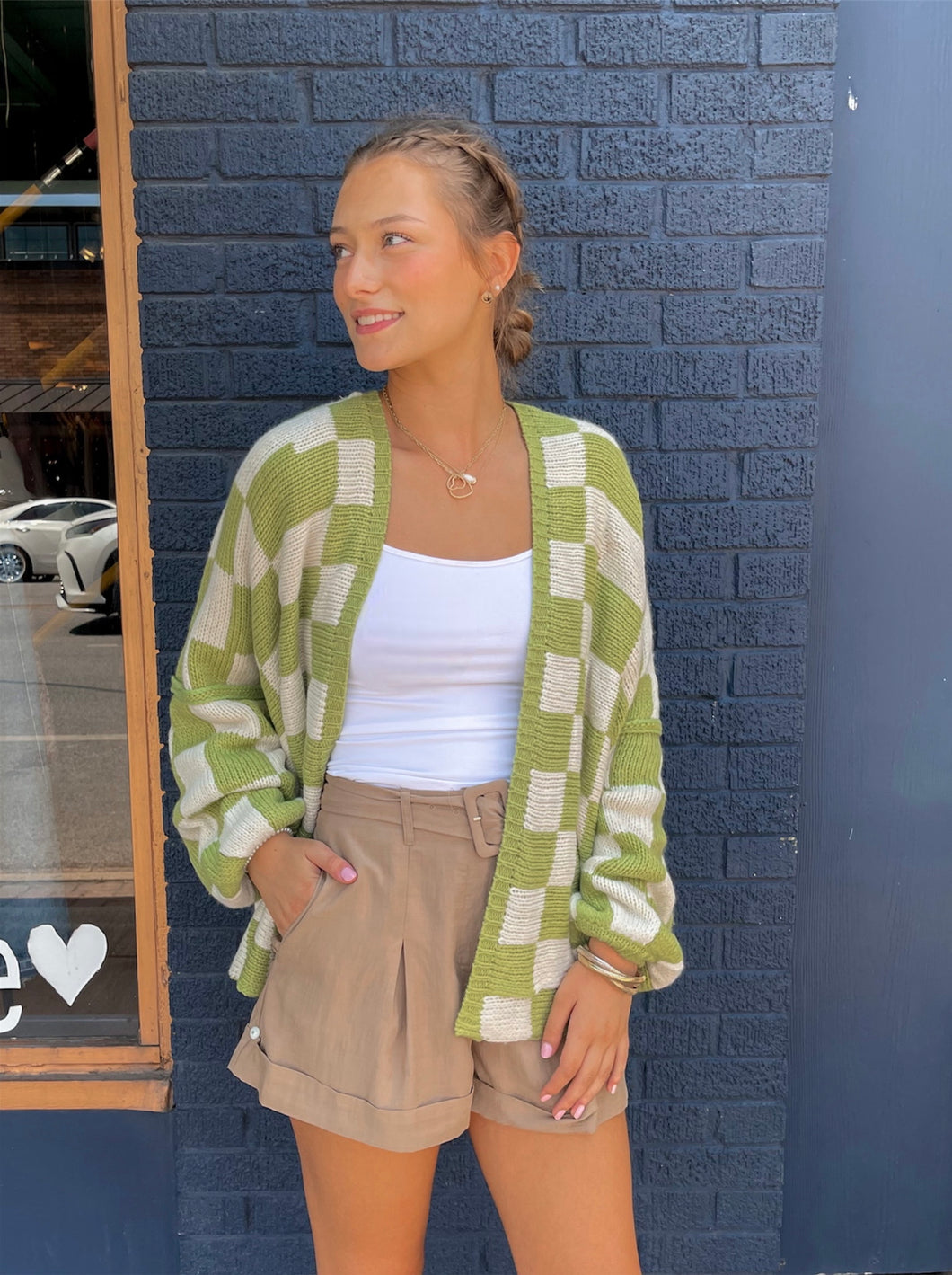 Checker Drop Shoulder Cardigan