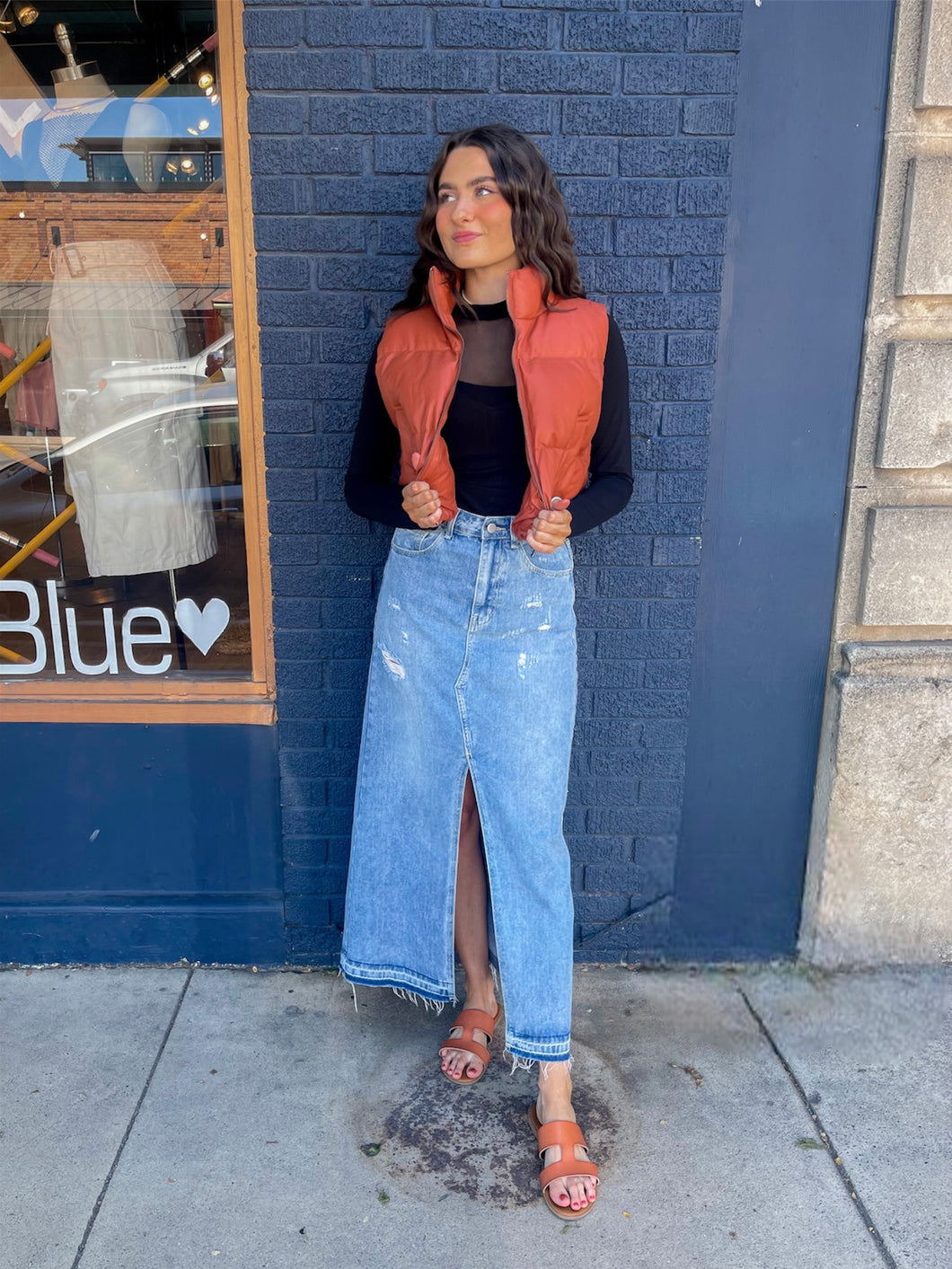 High Rise Denim Slit Skirt