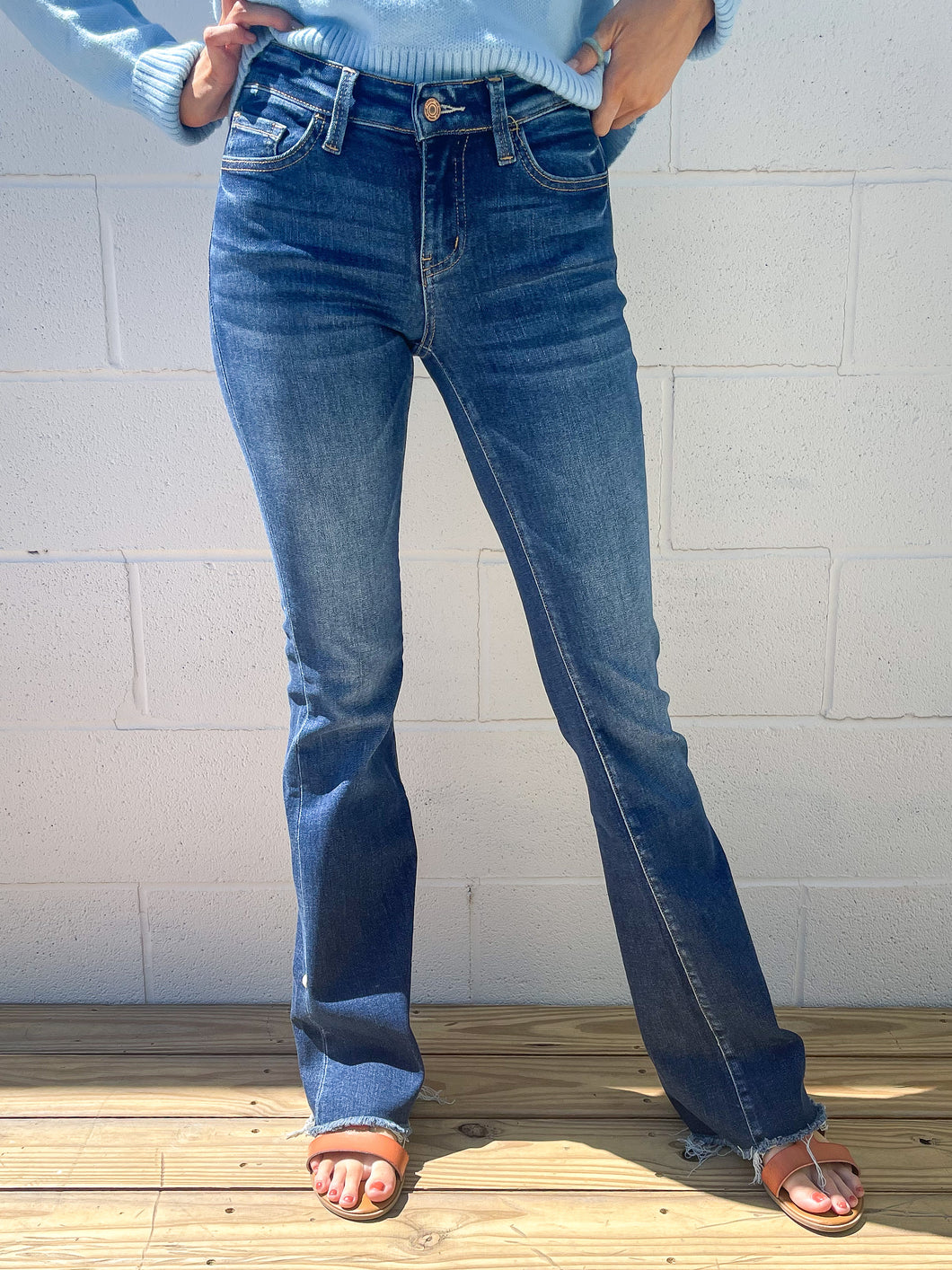 Mid Rise Flare Raw Hem