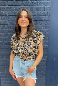 Black Yellow Floral Tie Neck Top