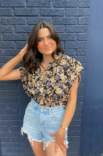 Load image into Gallery viewer, Black Yellow Floral Tie Neck Top

